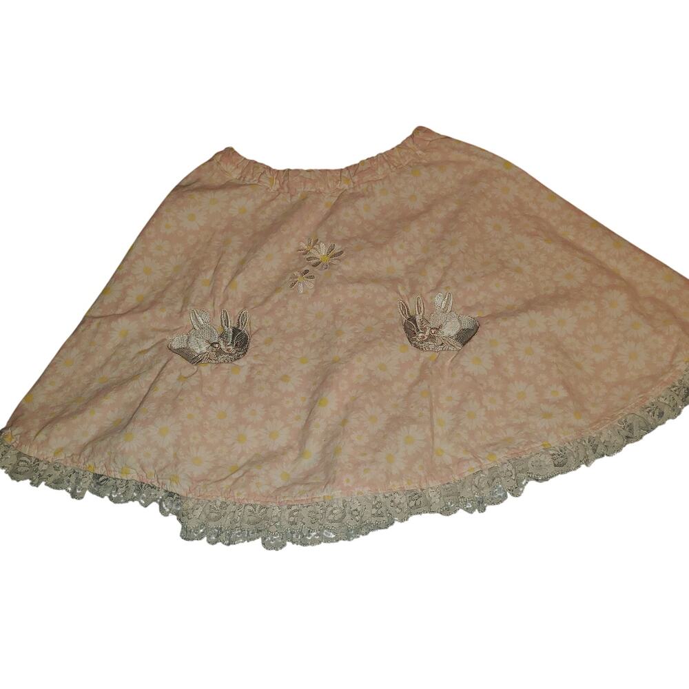 Handmade Applique Bunny Daisy Skirt Girls 5/6 Pink Floral Lace Spring Cottage